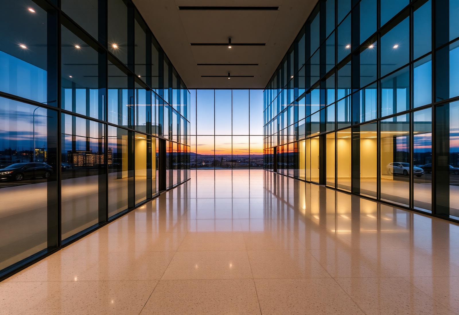 Polished executive office floor at dusk